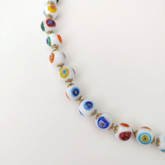 White glass beaded necklace w/multi color designs - Picture 15 of 15